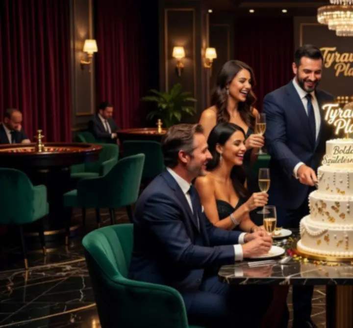 Mosolygó vendégek születésnapi ünneplésen elegáns kaszinó környezetben
