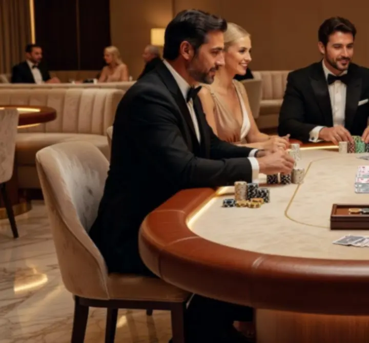 Elegáns pókerasztal körül beszélgető vendégek a Tyravex Play-ben.