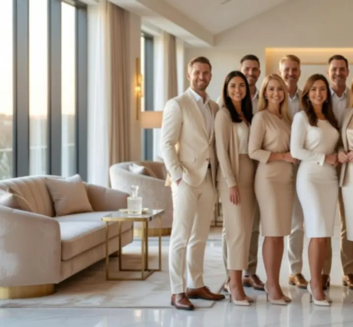 A Tyravex Play mosolygós, elegánsan öltözött csapata a világos, modern enteriőrben